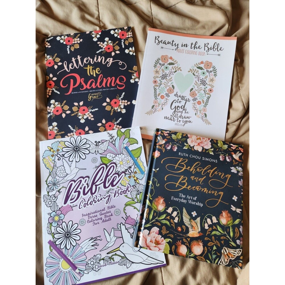 Christian Book Lot of 4 – Coloring Books, Lettering & Ruth Chou Simons Devotion